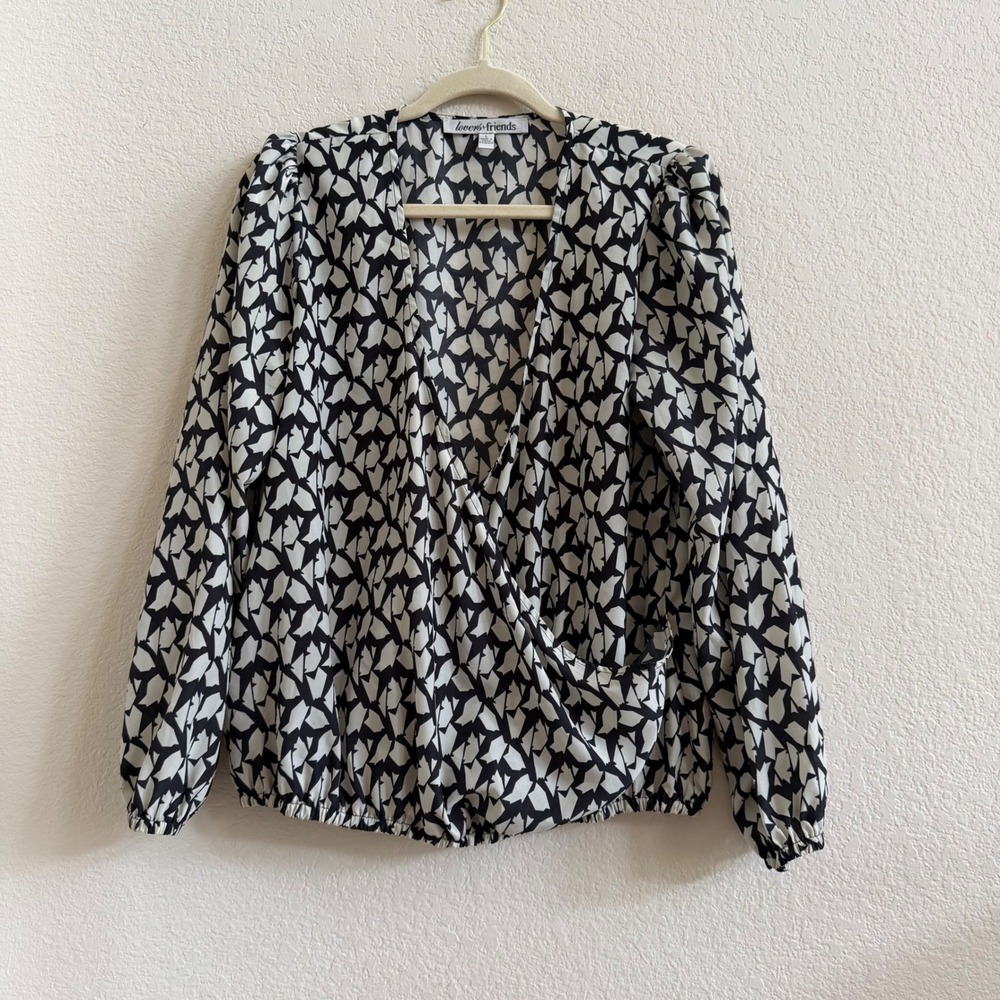 Lovers + Friends Black White Geometric Surplice Wrap Blouse‎ Puff Sleeve Large